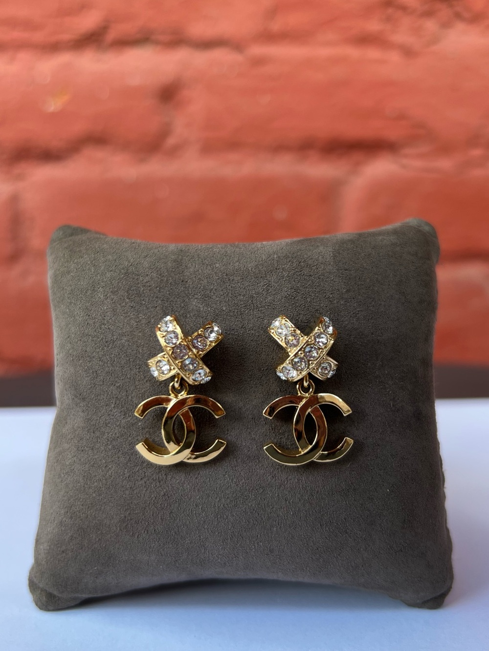 CHANEL Gold Crystal CC Drop Stud Earrings (23P)